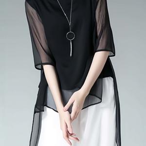 TEMU 플러스 사이즈 시폰 블ouses, 스타일리시한 플러스 사이즈 여성용 미디엄 소매 루즈핏 프렌치 스타일 상의