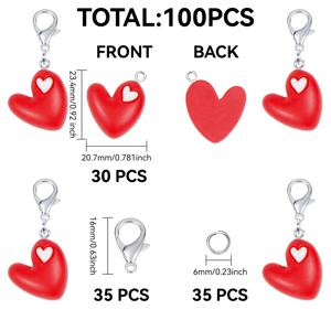 TEMU 100개 발렌타인데이 빨간 하트 펜던트 세트 (빨간 하트 펜던트 30개, 로브스터 걸쇠 35개, 오픈 점프 링 35개) 포함, 스타일 장식 차량 펜던트 생일 선물 학교 선물 파티 선물 웨딩 선물 발렌타인데이 선물 키