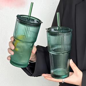 TEMU 빈티지 유리 텀블러 뚜껑과 빨대 포함 - 재사용 가능, 고품질, 손세척 전용 - 아이스 커피, 우유, 주스에 완벽 - 다목적 수직 홈 디자인 컵