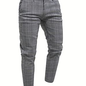 TEMU 남성용 라이트 비즈니스 캐주얼 체크무늬 바지 - 사계절용 레귤러 핏 로우라이즈 포켓 트라우저, 주름 방지 기계 세탁 가능 원단, 사무실 및 파티용, 소셜 이벤트 패션, 수축 방지 내구성 있는 구조