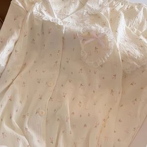 TEMU 재고 있음 살구 베이지 신축성 없는 고품질 일본식 꽃무늬 여성용 여름 반팔 반바지 2개 세트, 달콤하고 귀여운 스타일 레이스 트림 라운지웨어, 더블 반바지 2개 세트, 얇은 가디건, 캐주얼 루즈핏 파자마 세트