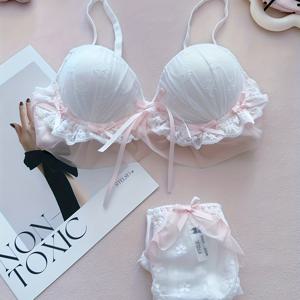 TEMU 봄, 여름용 스위트 보우 일본 스타일 란제리 세트. 섹시한 레이스 및 메쉬, 편안한 무선 브라 및 팬티 듀오로 구성.