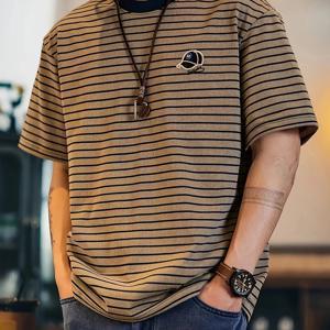 TEMU 아메리칸 빈티지 티셔츠, 컬러 넥라인, 루즈핏 반팔