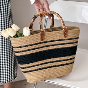 TEMU 줄무늬 대나무 손잡이 지퍼 클로저 스트로우 우븐 토트백, 퀼팅 우븐 패브릭 컬러 블록/컬러 스타일, 패셔너블, 캐주얼, 바캉스 스타일, 가볍고 휴대 가능한 대용량 비치백, 통근 가방