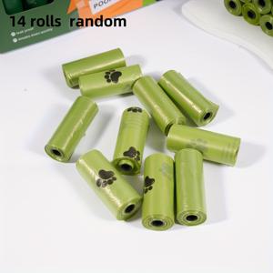 TEMU 고품질 옥수수전분 강아지 배변봉투 210개입/14롤 (누수 방지 디스펜서 포함) - 무취 반려동물 배변봉투, 옥수수전분 소재, 누수 방지, 무취, 고품질 강아지 배변봉투, 초록색 발바닥 프린트 디자인