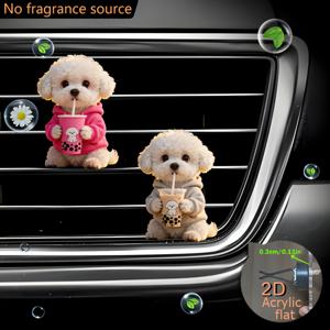 TEMU 다양한 색상의 후드티를 입은 2마리의 비숑 프리제가 버블티를 즐기는 2D 평면 디자인입니다. 향이 없는 스펀지, 향을 주입할 수 있는 2D 아크릴 차량용 방향제 통풍구 클립이 포함되어 있습니다.