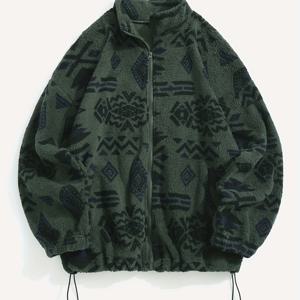TEMU 여성용 에스닉 프린트 마이크로플리스 플러시 지퍼업 자켓