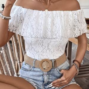 TEMU 여성용 오프숄더 러플 레이스 슬림핏 반팔 티셔츠 상의