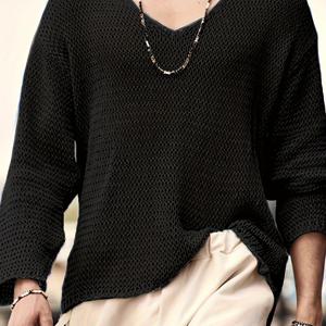 TEMU 2024 해외 수입 가을 빈티지 단색 남성용 브이넥 긴소매 루즈핏 캐주얼 속이 빈 니트 세쿼터 소매 스웨터