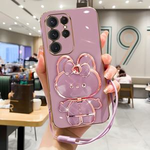 TEMU 휴대폰 케이스 - 삼성 갤럭시 S24, S23, S22, S21, S20, 4G 5G Plus+/Fe/Ultra 용, 귀여운 만화 메이크업 거울 스탠드 충격 방지 전기 도금 소프트 케이스 (끈 포함) 2024년 신형 휴대폰 케이스