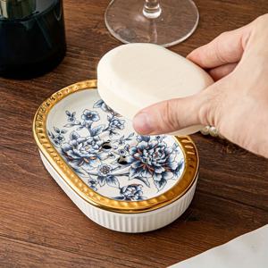 TEMU 우아한 세라믹 비누 받침대, 이중 레이어 배수 디자인으로 욕실에 완벽, 스타일리시한 미국 골드 트림으로 물 누출 방지