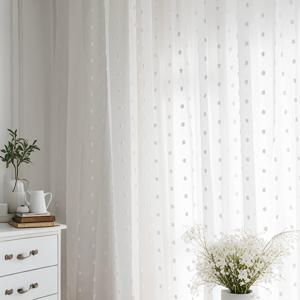 TEMU 1개 우아한 화이트 폴카 도트 시스루 커튼, 폼폼 자수 - 부드럽고 빛을 통과하는 폴리에스터, 설치가 쉬움, 거실, 침실, 사무실 장식용 현대적인 스타일, 로드 포켓 탑