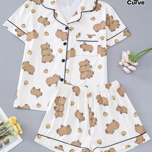 TEMU 2pcs 토끼여우 프린트 외투 플러스 사이즈 여성용 파자마 세트, 편안한 반팔 칼라 버튼업 셔츠와 루즈핏 탄성 드로스트링 반바지, 캐주얼 올 시즌 스타일 야외 홈 플러스 사이즈 여성용 파자마 및 라운지웨어