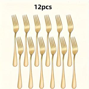 TEMU 12개 세트 스테인리스 스틸 골든 샐러드 포크, 디저트 포크, 스테이크 포크, 식기세척기 사용 가능, 주방, 레스토랑, 파티에 적합