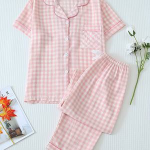 TEMU 여성용 체크 프린트 파자마 세트, 반팔 버튼업 칼라 상의와 긴 바지 2pcs, 봄/가을 캐주얼 잠옷 홈웨어 세트, 집에서 착용하기에 적합