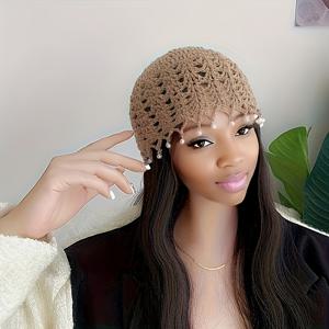 TEMU 1개 시크한 크로셰 비니 모자 - 가볍고, 속이 빈, 빈티지 비즈 태슬, 단색, 장식 헤어 넷, 스컬 캡, 여성 및 여성용 패셔너블한 겨울 액세서리 - 캐주얼, 야외 및 데일리 웨어에 이상적