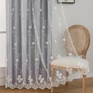 TEMU 2패널 그레이 자수 패브릭 및 거즈 통합, 상단 로드 포켓 걸이, 보호 방 어둡게, 침실, 거실, 홈 데코레이션에 적합
