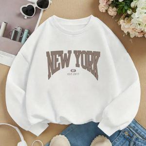 TEMU 소녀용 뉴욕 그래픽 스웨트셔츠 - 대담한 레터링, 긴 소매 캐주얼 풀오버, 가을/겨울용 편안한 원단, 루즈핏 탑, 학교 및 스포츠용, 트렌디한 프린트 디자인, 청소년 액세서리