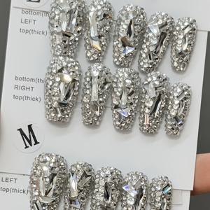 TEMU 핸드크래프트 누름식 인조네일, 반짝이는 은색 풀 라인석 중간 기장 10개입 누름식 인조네일, 여성을 위한 고급스러운 수제 인조네일, 라인석 인조네일, 도구 키트 4개 포함