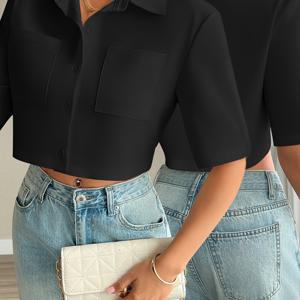 TEMU 여성용 단색 캐주얼 반팔 포켓 셔츠