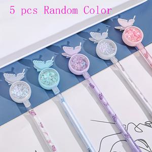 TEMU 5개 귀여운 나비 젤 잉크 펜 (글리터 포함), 트렌디한 블랙 롤러볼 펜, 학생용 튼튼한 플라스틱 소재, 파티 문구 선물