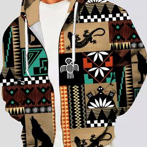 TEMU 남성용 3D 프린팅 후드 자켓 - 캐주얼하고 실용적인 지퍼 포켓, 폴리에스터 섬유, 기계 세탁 가능 - 생동감 넘치는 트라이벌 패턴, 봄과 가을에 이상적인 봄 자켓 | 트라이벌 패턴 자켓 | 기능성 디자인, 지퍼 풀오버