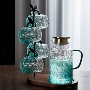 TEMU 클래식 빈티지 매화 그라데이션 블루 주전자 1개; 유리컵 4개 포함 클래식 빈티지 매화 그라데이션 블루 주전자 5개, 1800ml/60.87oz 내열 주전자, 400ml/13.53oz 유리 찻잔, 냉온 음료용 음료병, 드링크웨어 세트