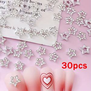 TEMU 30pcs 3D 별어미 네일 아트 차밍, 은색 주석 합금과 라인스톤 액센트, DIY 매니큐어 및 공예용 무향 네일 장식