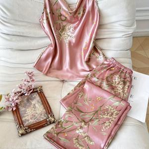 TEMU 여성용 2피스 체리 프린트 목폴라 나이트가운 - 우아한 잠옷 매칭 파자마, 사계절 세탁기 사용 가능 잠옷 세트, 2피스 세트 (논-)