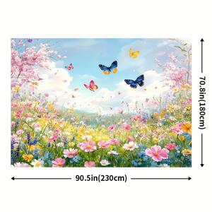 TEMU 1개, 초대형 봄 테마 나비 녹색 초원 시골 풍경 축제 배너 내구성 있는 폴리에스터, 전원 필요 없음, 휴일 축하 사진 촬영 소품에 쉽게 걸기