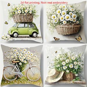 TEMU 4개 세트, 2D 평면 프린팅, 시골 테마 지퍼 베개커버, 자전거, 자동차, 꽃무늬 프린트, 따뜻하고 편안한, 아름답고 실용적인, 17.72 * 17.72 인치, 홈 소파 장식용, 홈 액세서리, 침실용 (베개 코어 미포함)