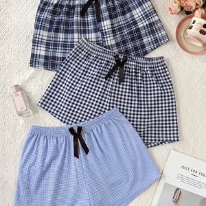 TEMU 3피스 격자 무늬 보우 타이 편안한 루즈핏 잠옷 반바지 세트 | 성인용 우아한 여름 홈웨어