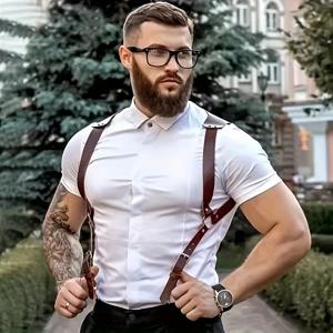 TEMU 남성용 빈티지 인조 가죽 멜빵, 후크 스타일 건메탈 스트랩 및 리벳 디테일 - 조절 가능, 비탄성, 대칭 버클로 스타일리시한 지지력