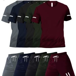 TEMU 남성용 캐주얼 스포츠웨어 콤보 세트 5가지 색상 5종 세트 10개, 프린팅 디자인, 속건성 통기성 반팔 크루넥 티셔츠와 주머니가 있는 신축성 허리 반바지, 봄, 여름, 가을 스포츠 활동, 피트니스, 운동용