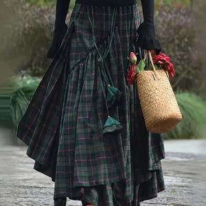 TEMU 여성용 빈티지 비대칭 티어드 맥시 스커트 - 양면 체크무늬, 루즈한 A라인 실루엣, 봄 & 가을용 폴리에스터 긴 스커트, 세탁기 사용 가능