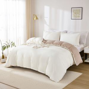 TEMU 화이트 베이지 컬러 블록 이불 커버 3종 세트, 단색 공예 양면 리버서블 침구, 빈티지 스타일 합성 섬유 침구, 이불 커버 세트, 침구, 퀸, 킹, 트윈 사이즈, 침실 및 기숙사와 같은 다양한 공간에 적합, 이상적인 휴일 선물, 사계절용, 부드럽고 피부에 친화적인 가정용품, 이불 커버 1개 + 베개 커버 2개, 속통 미포함