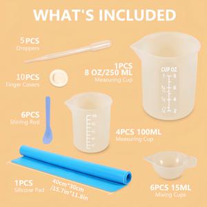 TEMU 실리콘 레진 캐스팅 몰드 툴킷 (33개 실리콘 레진 계량컵 포함) - 250ml & 100ml 계량 실린더, 혼합 컵, 3ml 플라스틱 피펫, 핑거 코트, 혼합 스틱, 40*30cm 실리콘 매트 (수공예용)