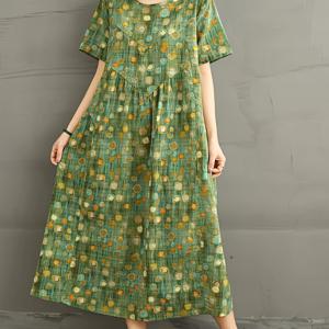 TEMU 신상 봄/여름 레트로 프린트 라운드넥 반팔 린넨 원피스 여성용 루즈핏 스티칭 A라인 스커트