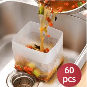 TEMU 60개입 쓰레기 봉투 팩, 창의적 자립형 다기능 주방 쓰레기 배수백, 강력하고 쉽게 버림, PE 소재 내구성, 주방 음식물 쓰레기 한 봉지로 해결, 오수 필터링, 잔여물 수집