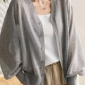 TEMU 여성 패션 단색 경량 긴팔 V넥 가디건. 약간의 신축성과 편안한 원단. 우아하고 캐주얼한 얇은 가디건. 모든 계절에 적합 - 바캉스 스타일 탑 - 프로페셔널 스타일 숏 가디건