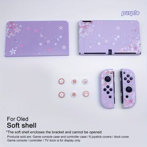 TEMU 스위치 NS 6.2인치/오엘에디 7인치용 보라색 사쿠라 테마 휴대용 TPU 보호 케이스, 6개 컨트롤러 캡 포함, 사쿠라 & 고양이 발톱 키캡, 분리형 보호 커버 - 가볍고 내구성 있는 안티드롭 소프트 케이스, 게이머를 위한 이상적인 선물