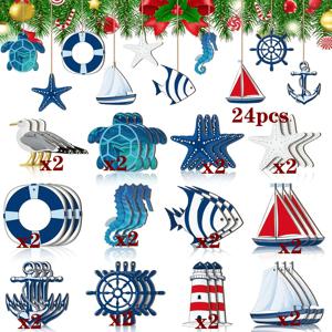 TEMU 24개 나무 해상 장식 세트, 여름 소형 해변 테마 스타일 행잉 장식 (안커, 구명 부표, , 요트 포함) - 해안 장식 물망초 공예 (로프 포함)