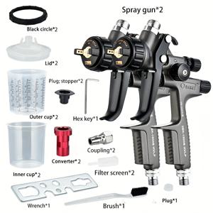 TEMU 신상품 스프레이 건 2개 세트, 베이스코트용 1.3mm 노즐 1개 및 클리어코트용 1.4mm 노즐 1개 포함, 세척이 필요 없는 650ml 컵 포함. 더 미세한 분사를 위한 저압 고분무화 시스템 특징으로 편리하고 시간 절약적이며 페인트 효율적입니다. 작업 효율을 크게 향상시킵니다. 자동차 도장 및 가구 도장에 적합