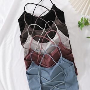 TEMU 여성용 솔리드 컬러 아이스 파이버 패브릭 크리스크로스 스트랩 통기성 패딩 백리스 브라 5개 세트