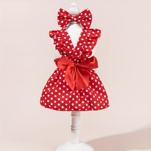 TEMU 빨강과 흰색 물방울 무늬 리본 가을/겨울 웨딩 드레스 하운드투스 격자 핑크/흰색 인형 칼라 프렌치 스타일 강아지 옷 고양이 옷 의류 드레스 플라잉 슬리브 보우 타이 레이스 귀여운 애완 동물 옷 진주 펜던트 코사주