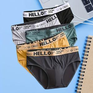 TEMU 헬로 레터 프린트가 있는 5개입 슬리키 파이버 패브릭 남성용 브리프 - 고탄력 레귤러핏 언더웨어, 5색 세트 (블랙/화이트/틸/오렌지/그레이)