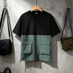 TEMU 새로운 여름 남성 컬러 블로킹 스타일리시 작업복, 야외 활동, 캐주얼 외출 및 낚시에 적합, 반팔 티셔츠