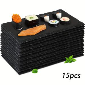 TEMU Tocome 슬레이트 서빙 플레이트 세트 10개입 또는 15개입, 25 X 12cm (9.84 X 4.72인치) 식품 등급 안전 접시, 스시 스테이크 서빙 플레이트, 레스토랑, 호텔, 주방용 천연 델리 스톤 접시, 치즈, 스시, 음식 서빙 접시