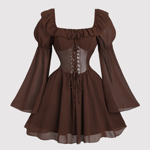 TEMU 스퀘어넥 타이업 숏롱 슬리브 드레스, 러플 A라인 빈티지 드레스, 세미포멀 드레스, 여성 봄/여름 의류, 리본 장식 드레스, 아름다운 롱슬리브 드레스, 오프숄더 타이업 웨이스트, 슬림핏, 무대 공연, 테마 파티, 출근용, 크리스마스, 베이비돌 드레스