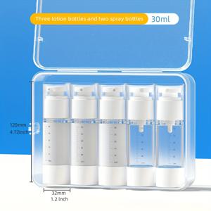 TEMU 리필 가능한 30ml 향수병 5개 세트, 물과 크림 호환, 플라스틱 케이스 포함. 스프레이 및 프레스형 병, 미세 미스트 및 진공식 프레스병 포함